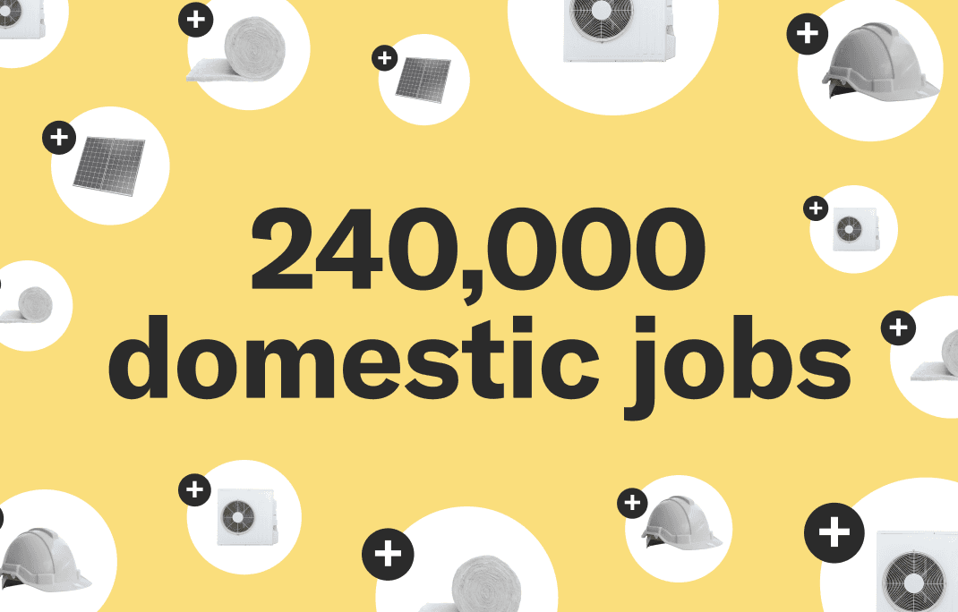 Yellow graphic with '240,000 domestic jobs' in large text in the center. It is surrounded by many white circles with a heat pump, solar panel, and construction hard hat in the center.