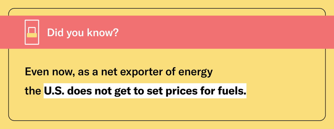 A banner of text featuring a fact about fuel. Even now, as a net exporter of energy the U.S. does not get to set prices for fuels.