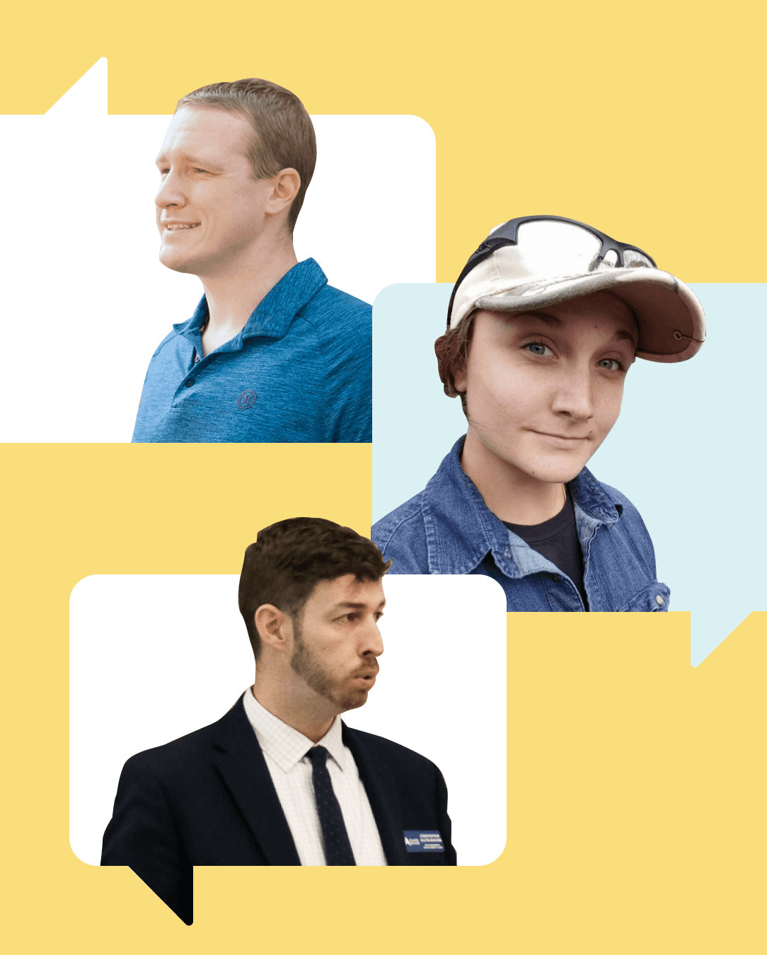 Photo of Ethan Garber, Alison Dempsey, and Christopher Matos-Rogers in speech bubbles on a yellow background. Ethan Garber's photo is at the top, and he is smiling facing to the left and wearing a blue athletic polo shirt. Alison's photo is in the middle speech bubble, and she wears a denim collared shirt, white baseball cap, and safety goggles on top of her hat. Christopher's photos is in the bottom speech bubble, and he wears a black suit and tie.