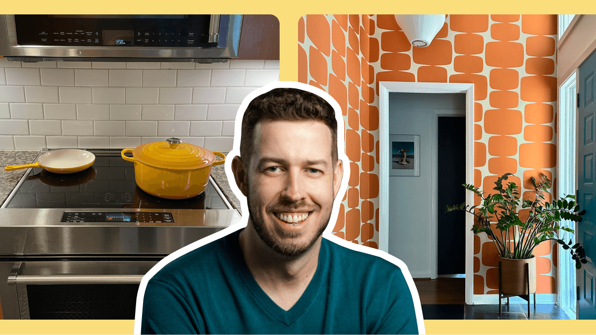 Headshot of Christopher Matos-Rogers overlaid two images - the image on the left is a yellow Le Creuset dutch oven on an induction stove next to a matching pan, and the image on the right is an entryway in a home. The walls are covered in a bold orange patterned wallpaper, and there is a potted zz plant on a plant stand on the floor.
