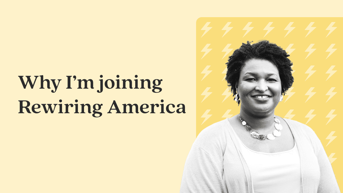 Light yellow background with photo of Stacey Abrams in black and white, title reads "Why I'm Joining Rewiring America"