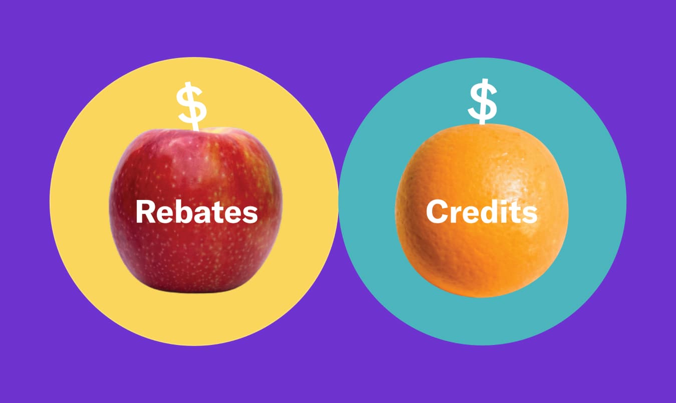 An apple and an orange on a purple background. The apple says 'rebates' and the orange says 'credits'.