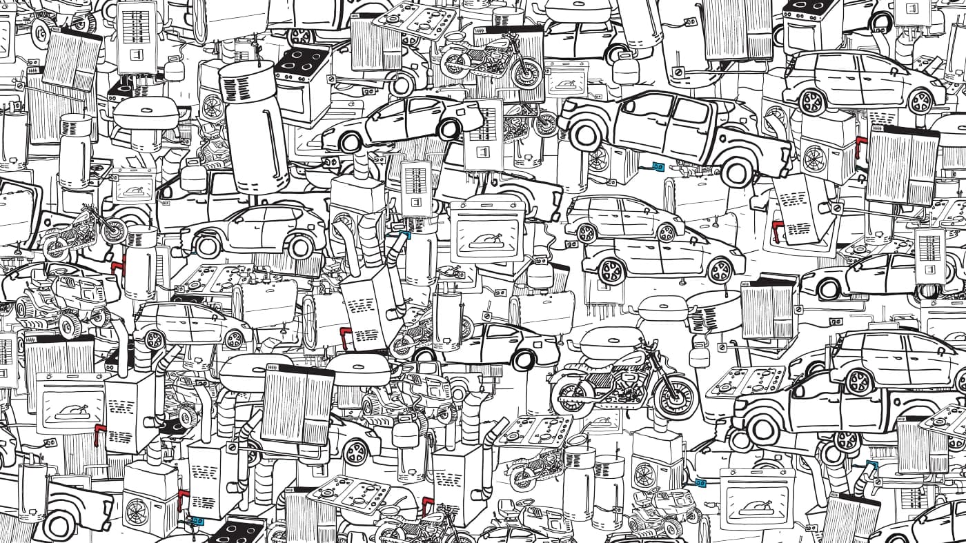 Black and white line sketch of a pattern of electric machines, which includes electric vehicles, heat pumps, heat pump water heaters, induction stoves, and more.