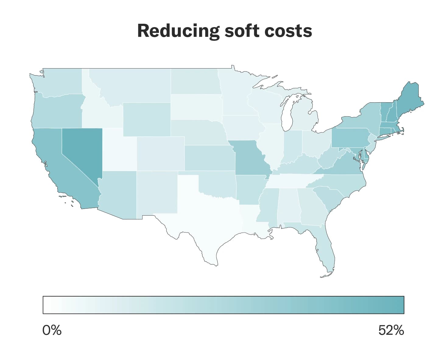 US map showing regional impacts of reducing soft costs on home energy upgrade affordability