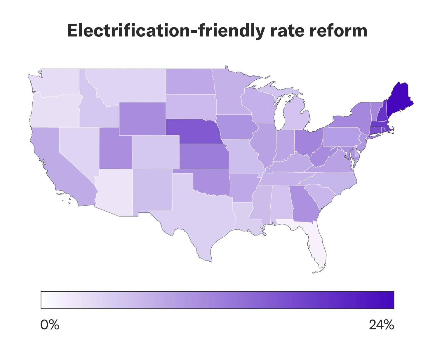 US map showing regional impacts of electrification-friendly rate reform on home energy upgrade affordability