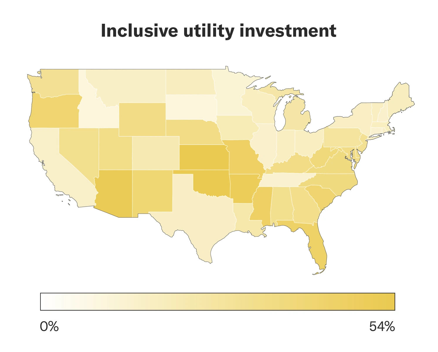 US map showing regional impacts of inclusive utility investment on home energy upgrade affordability