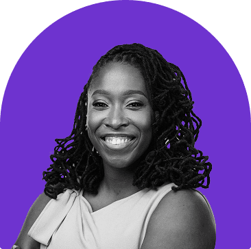Black and white headshot of Kameale Terry, who is smiling and wears a white sleeveless top. She has long braided curly hair. The headshot is on a purple curved rectangle background.