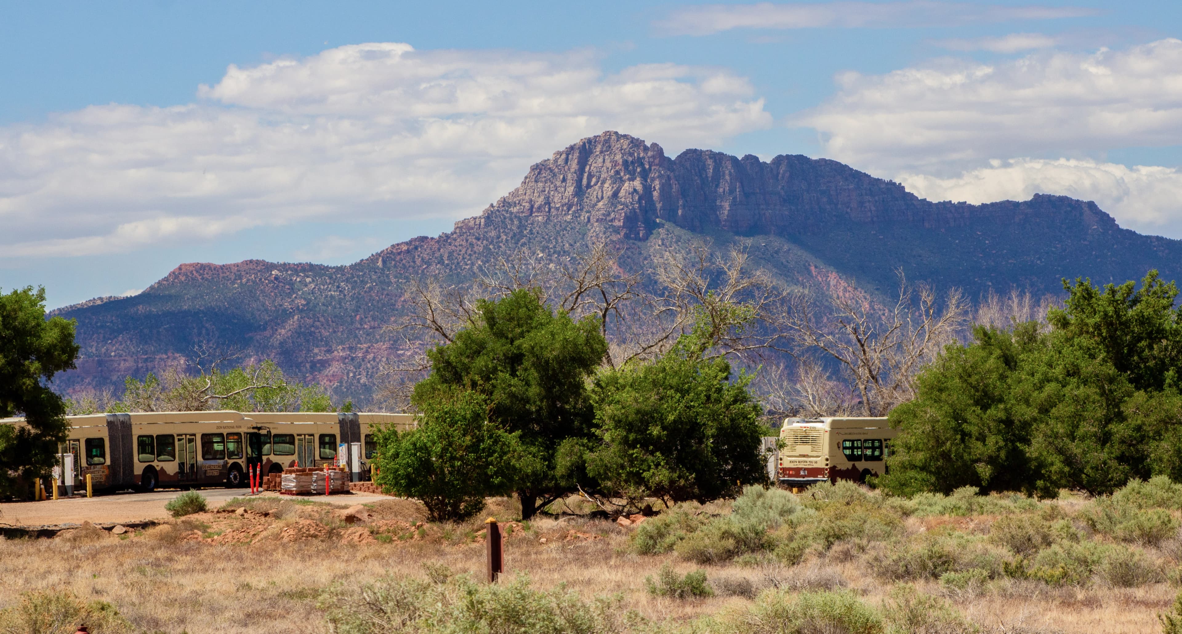 Two buses parked near green trees with a mountain range in the background under a partly cloudy sky.