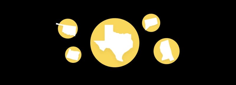 Vector icons of Texas, Oklahoma, Oregon, Mississippi, and Connecticut