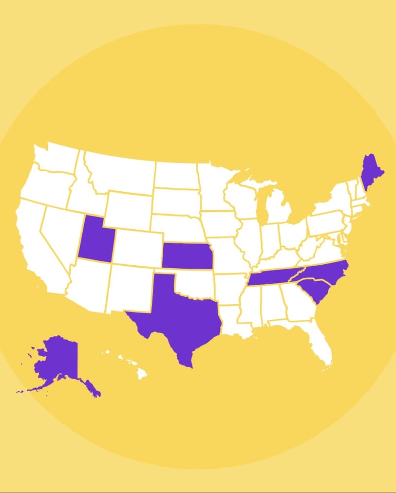 White vector map illustration of the United States with Alaska, Utah, Kansas, Texas, Tennessee, North Carolina, South Carolina, and Maine highlighted in purple all on a yellow background.