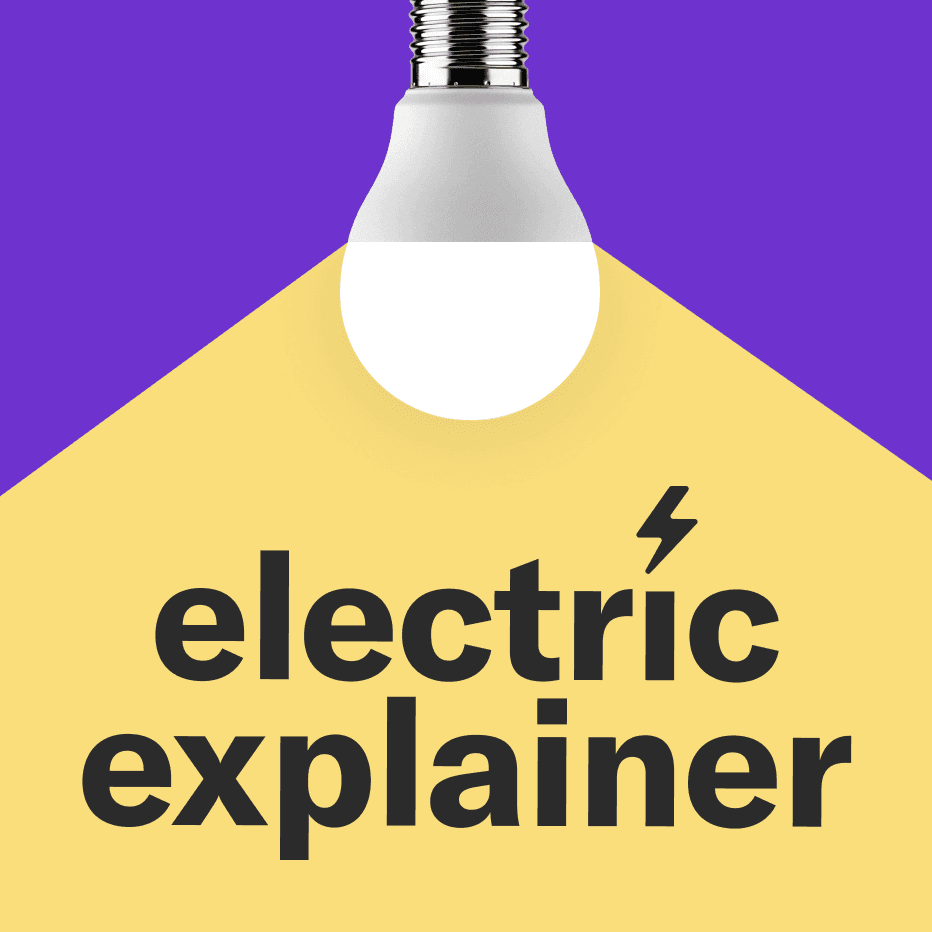 Simple photo illustration of an LED lightbulb illuminating the words 'Electric explainer' on a purple background.