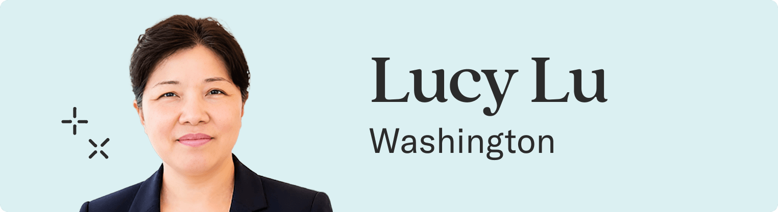 Headshot of Lucy Lu from Washington state on a light blue background