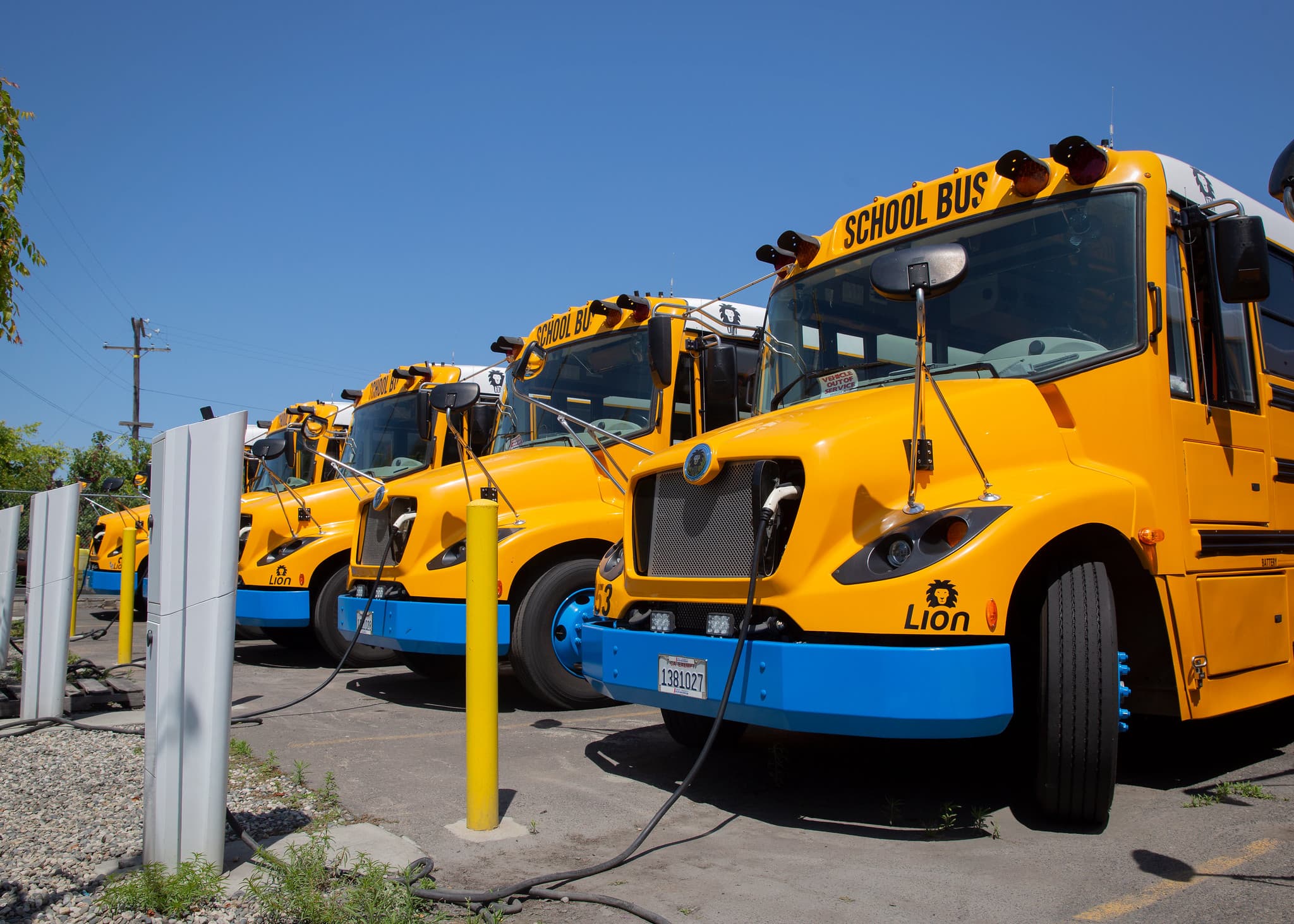 Five yellow electric school buses with blue front bumpers are parked in a row with an electric charger plugged into each of their front grills