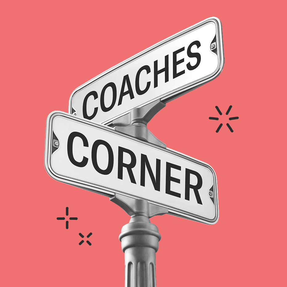 A photo illustration of a signpost for an intersection with the words 'Coaches Corner' on the street signs on a red background.