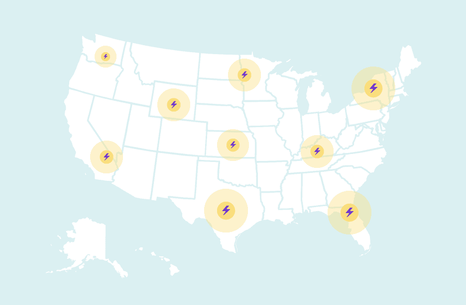 White vector map of the US. There are various lightning bolts in yellow circles across states.