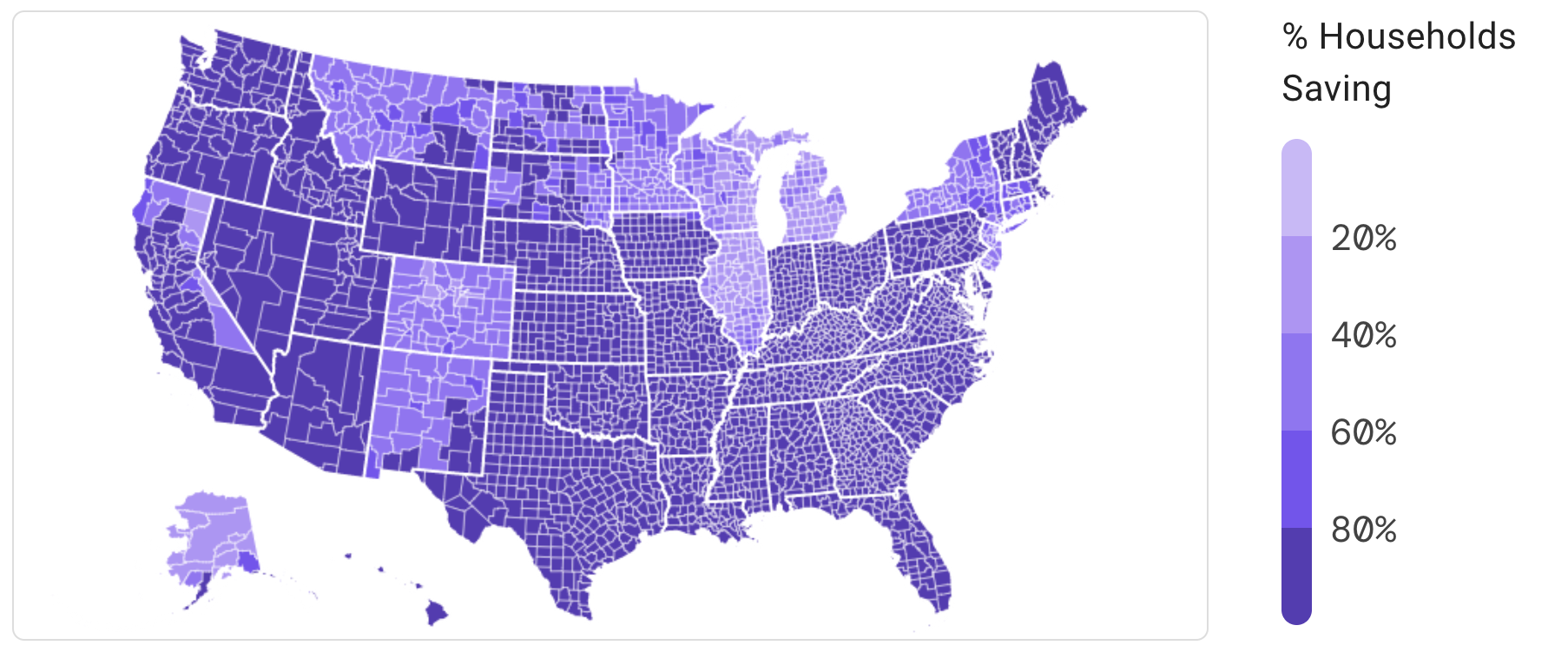Map of the US showing that most households in counties across the nation would save on their energy bills with modern, electric appliances. In shades of purple, shows each county savings from 0 to 100%, with 100% represented by the darker purple. 